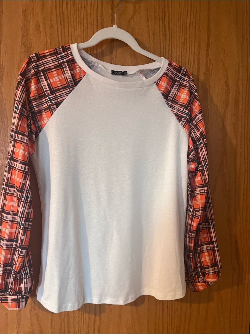 White Long Sleeve Tee with Orange Plaid Sleeves - Women